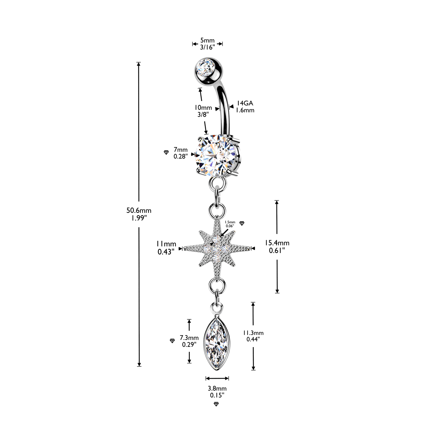 SILVER NORTHERN STAR CRYSTAL CHARM BELLY BAR - 14 GAUGE - 10MM