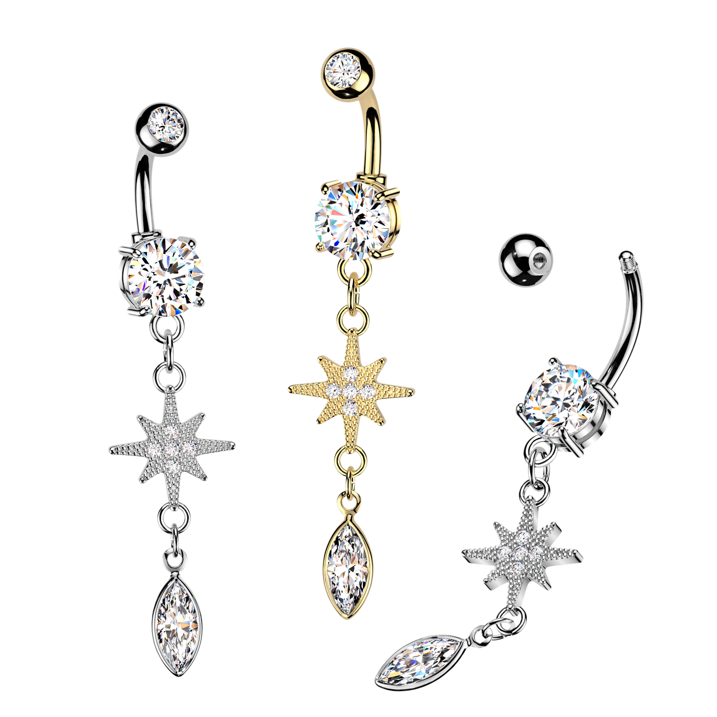 GOLD NORTHERN STAR CRYSTAL CHARM BELLY BAR - 14 GAUGE - 10MM