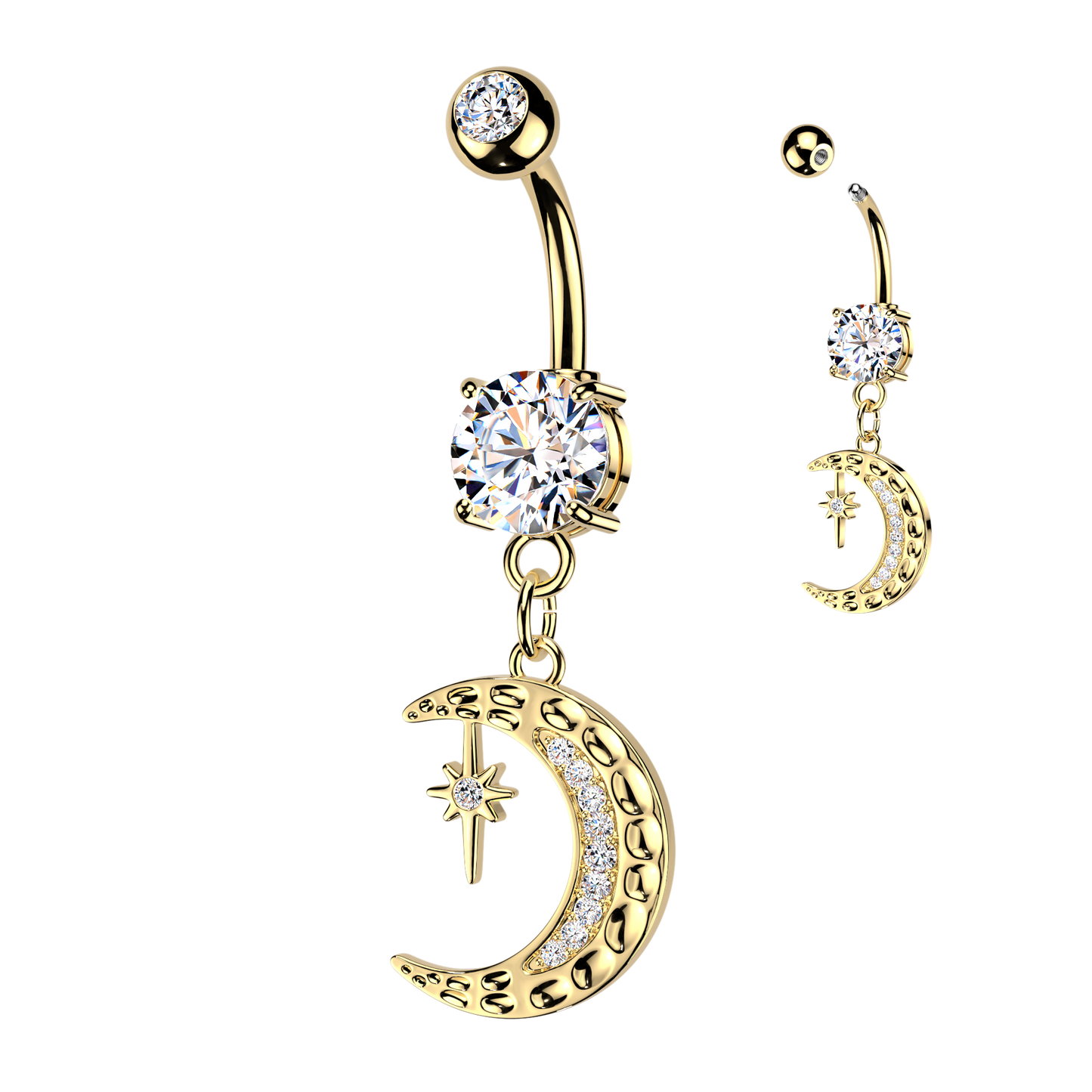GOLD CRYSTAL MOON & NORTHERN STAR  CHARM BELLY BAR - 14 GAUGE - 10MM