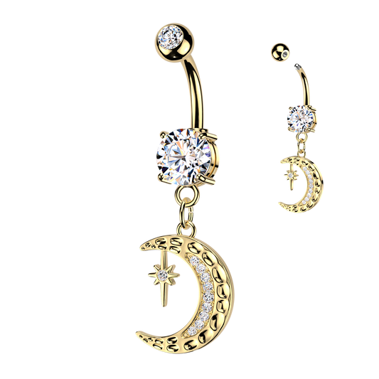 GOLD CRYSTAL MOON & NORTHERN STAR  CHARM BELLY BAR - 14 GAUGE - 10MM