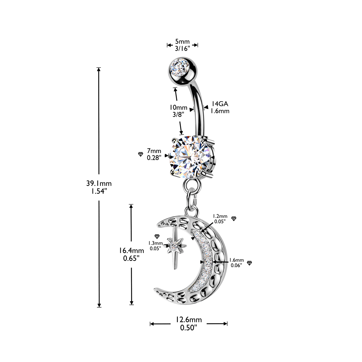 SILVER CRYSTAL MOON & NORTHERN STAR  CHARM BELLY BAR - 14 GAUGE - 10MM