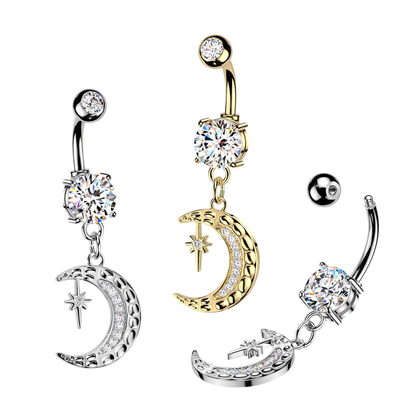 SILVER CRYSTAL MOON & NORTHERN STAR  CHARM BELLY BAR - 14 GAUGE - 10MM