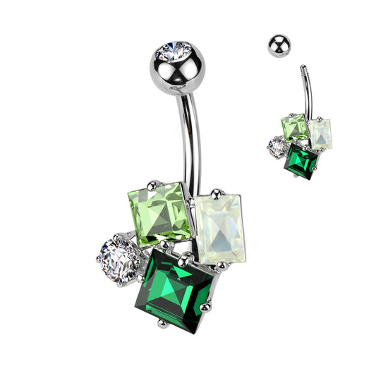 GREEN CRYSTAL CLUSTER JEWELLED BELLY BAR - 14 GAUGE - 10MM