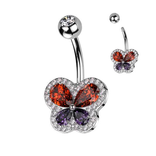 SILVER CRYSTAL RED & PURPLE JEWELLED BUTTERFLY BELLY BAR - 14 GAUGE - 10MM