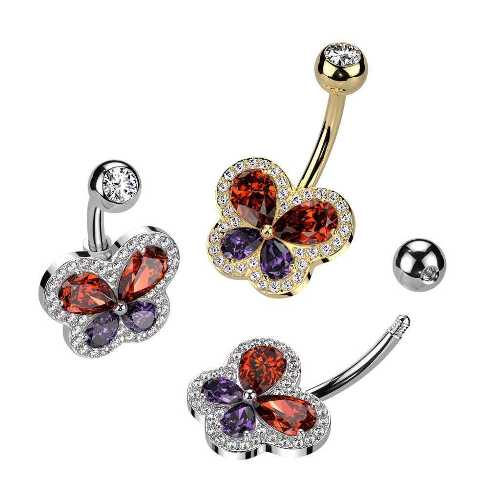 SILVER CRYSTAL RED & PURPLE JEWELLED BUTTERFLY BELLY BAR - 14 GAUGE - 10MM