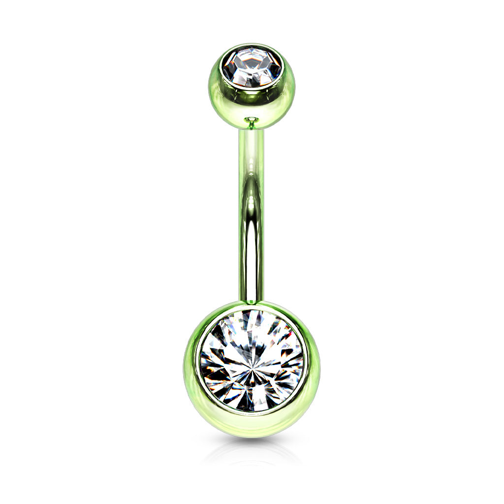 METALLIC GREEN DOUBLE CRYSTAL BELLY BAR - 14 GAUGE - 10MM