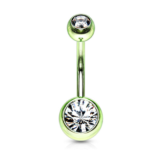 METALLIC GREEN DOUBLE CRYSTAL BELLY BAR - 14 GAUGE - 10MM