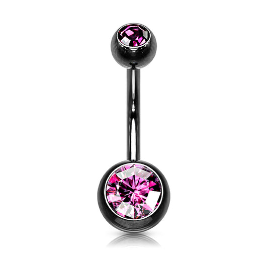 BLACK WITH PINK DOUBLE CRYSTAL BELLY BAR - 14 GAUGE - 10MM