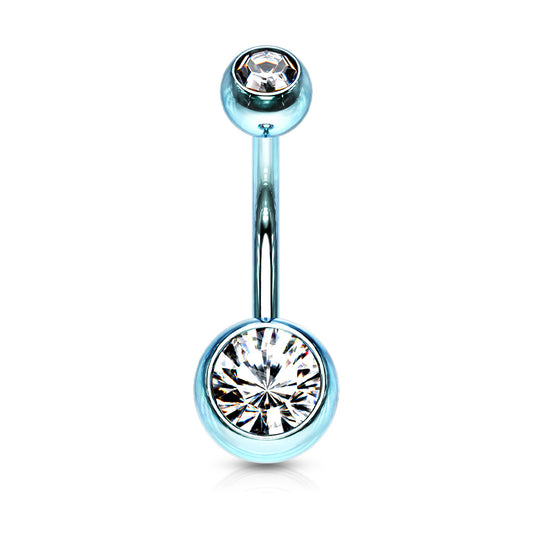LIGHT BLUE DOUBLE CRYSTAL BELLY BAR - 14 GAUGE - 10MM