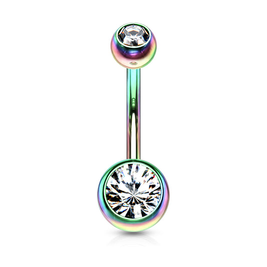 RAINBOW DOUBLE CRYSTAL BELLY BAR - 14 GAUGE - 10MM