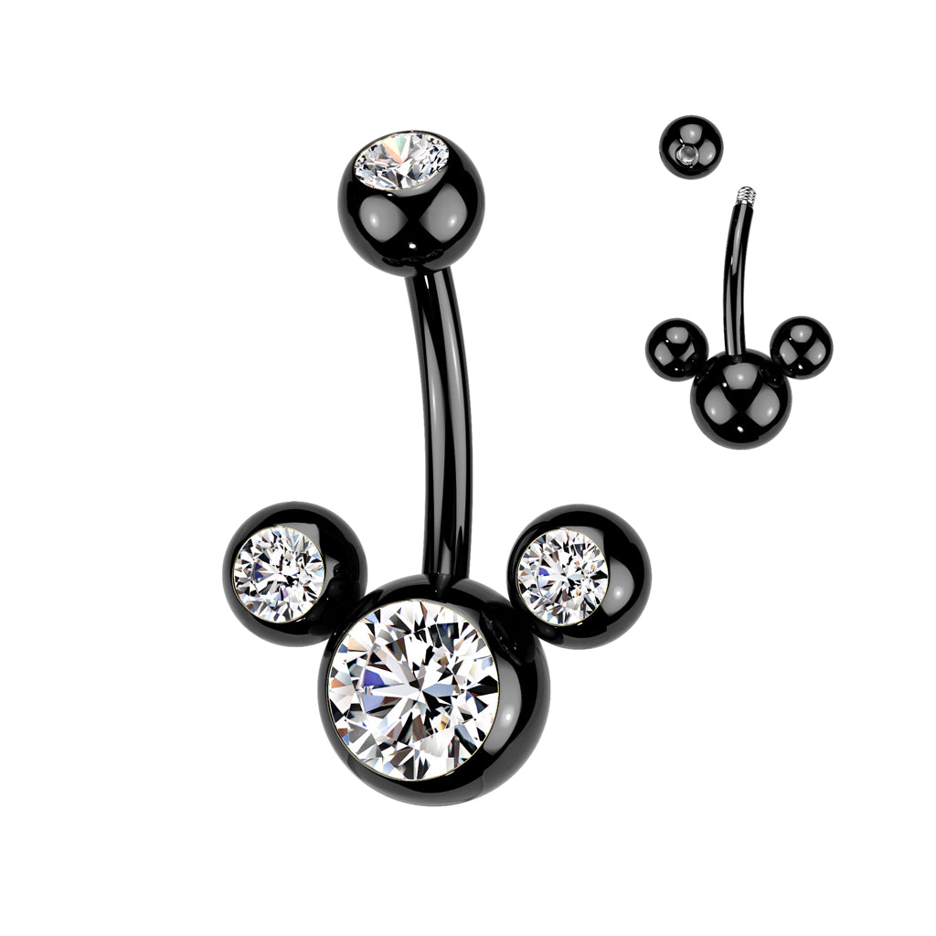 BLACK TRIPLE JEWELLED CRYSTAL BELLY BAR - 14 GAUGE - 10MM