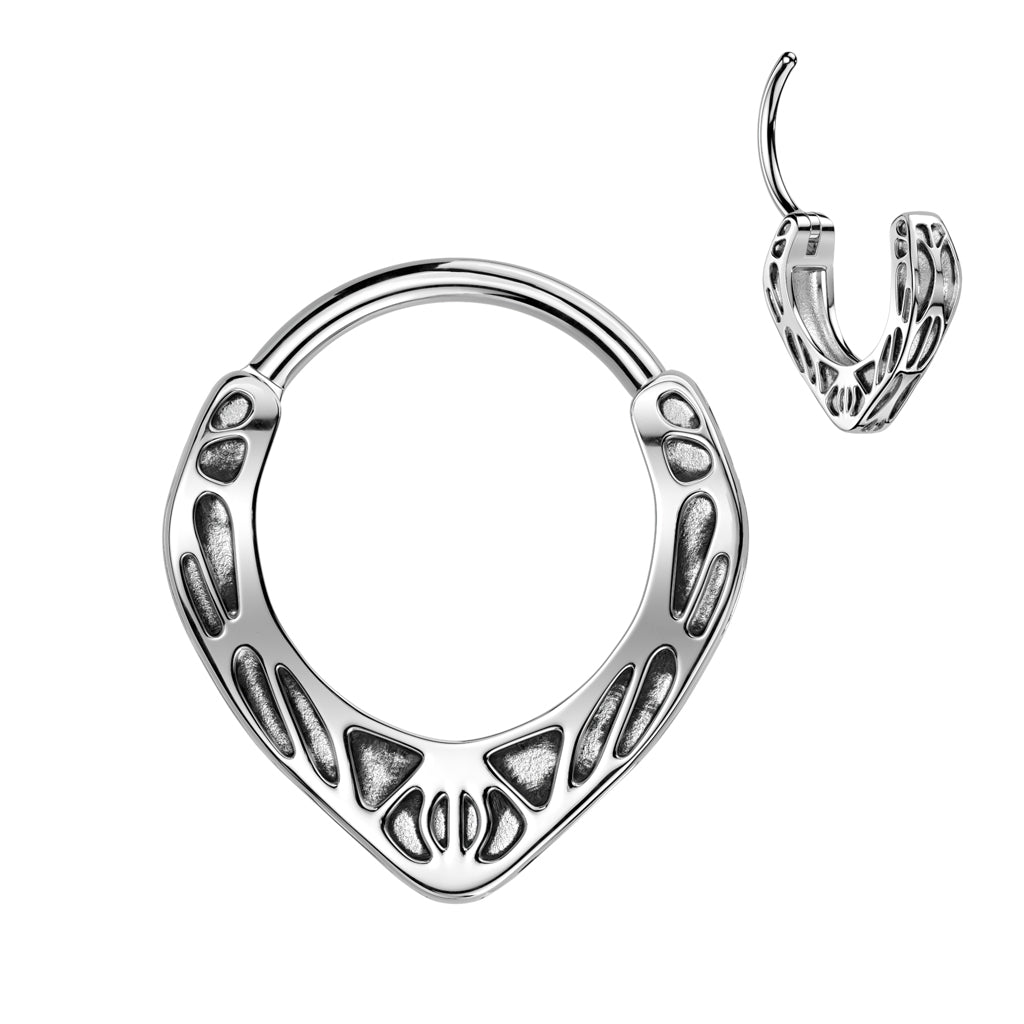 SILVER TRIBAL HINGE CLOSE FASTENING HOOP - 10MM - 16 GAUGE