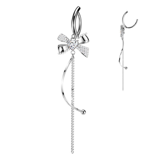 SILVER LOVE HEART & BOW DANGLY CHARM BELLY BAR CLICKER HOOP - 11MM - 14 GAUGE