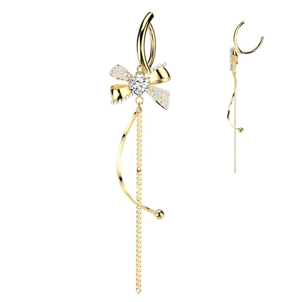 GOLD LOVE HEART & BOW DANGLY CHARM BELLY BAR CLICKER HOOP - 11MM - 14 GAUGW