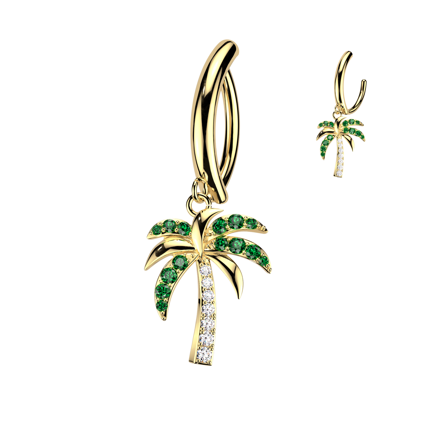 GOLD DANGLY CRYSTAL PALM TREE CHARM BELLY CLICKER HOOP - 14 GAUGE - 11MM