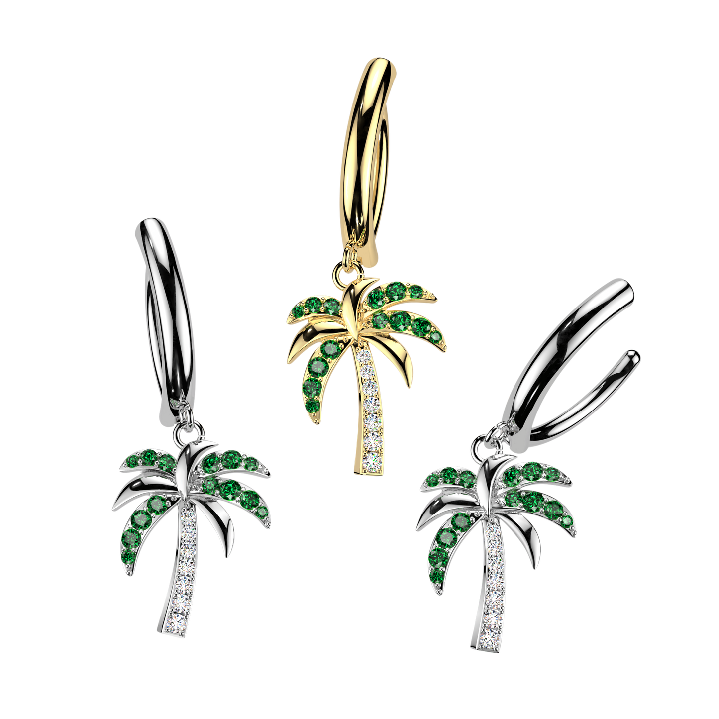SILVER DANGLY CRYSTAL PALM TREE CHARM BELLY CLICKER HOOP - 14 GAUGE - 11MM