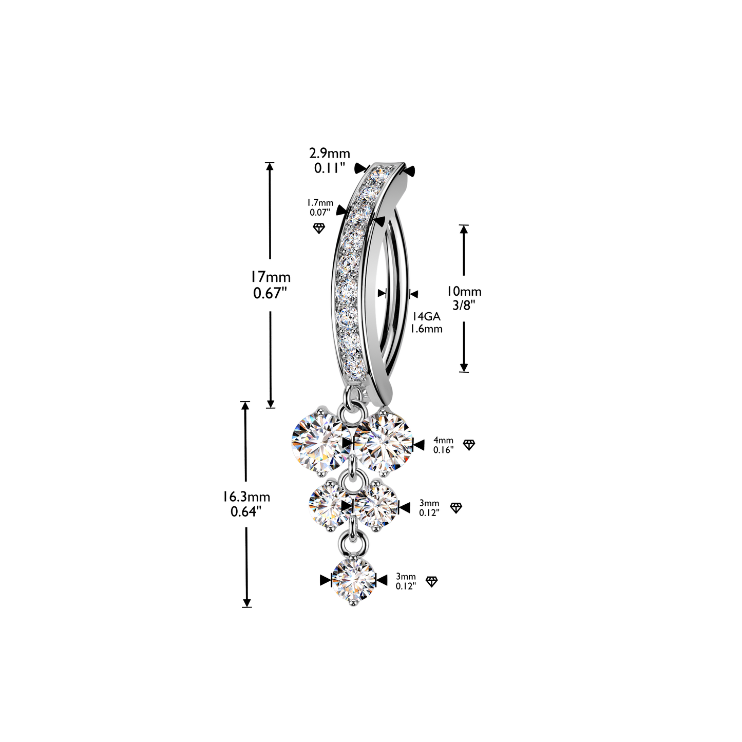 SILVER CRYSTAL CHARM DANGLY BELLY CLICKER HOOP - 14 GAUGE - 10MM