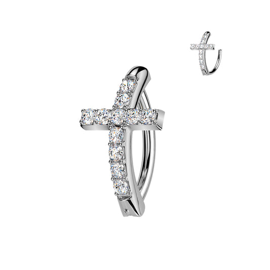 CRYSTAL CROSS BELLY HINGE CLICKER RING HOOP -12MM - 14 GAUGE