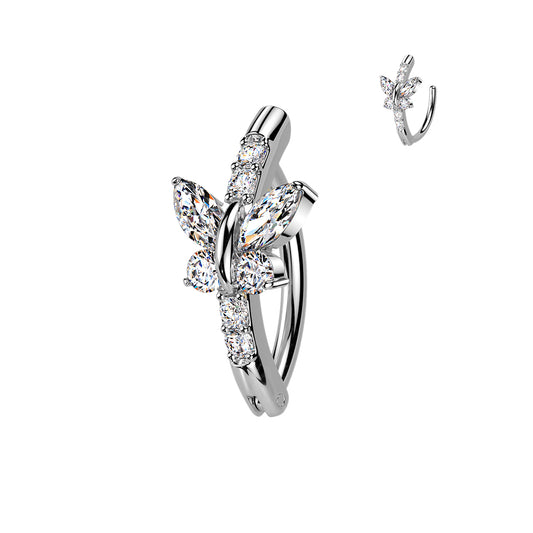 SILVER  CRYSTAL BUTTERFLY BELLY CLICKER HOOP - 11MM - 14 GAUGE