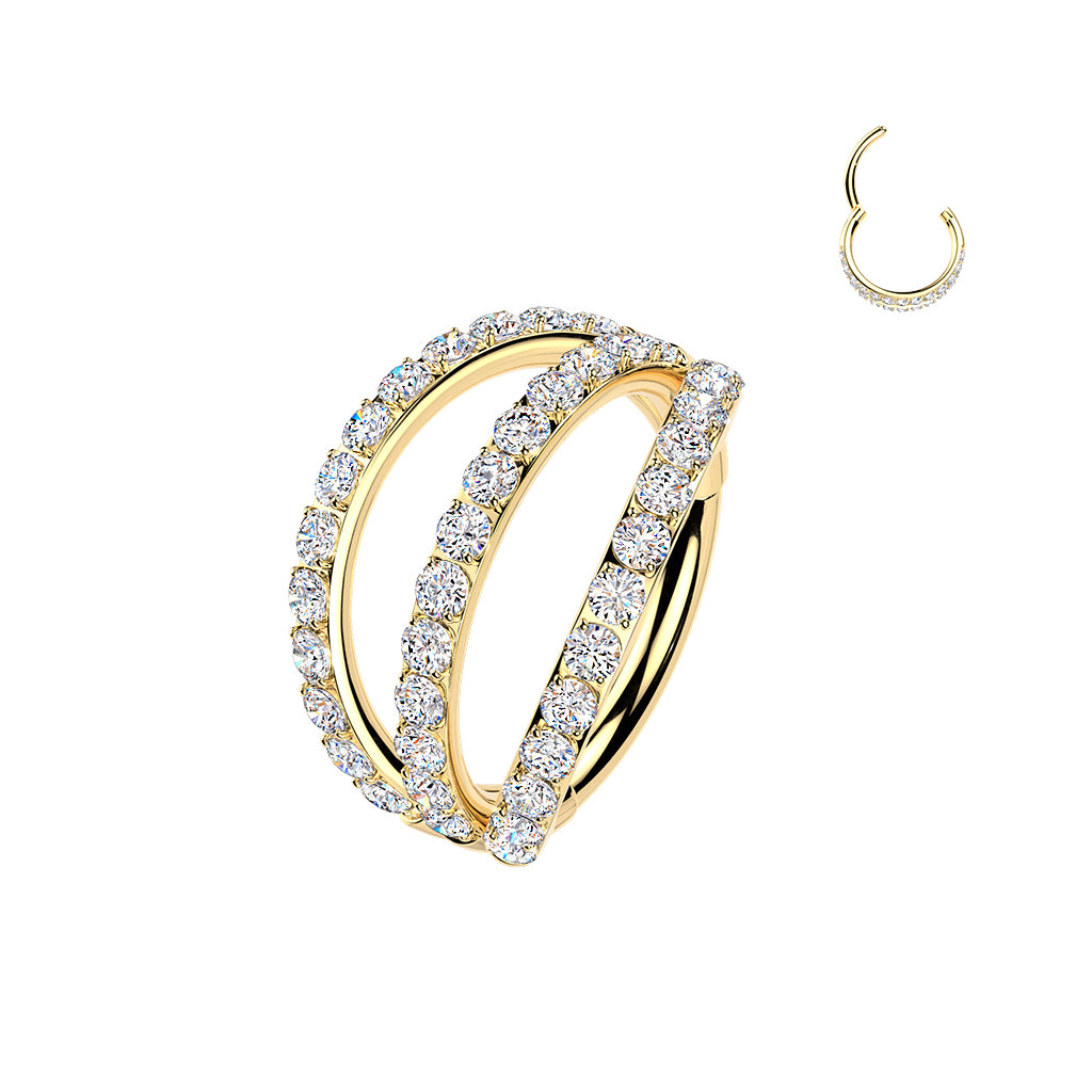 TITANIUM GOLD TRIPLE CRYSTAL LINED NOSE  RING / EAR HOOP - 7MM - 20 GAUGE