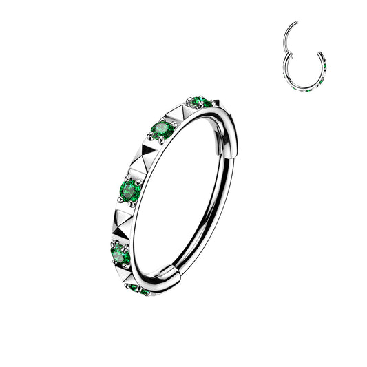 TITANIUM EMERALD GREEN CRYSTAL & STUDDED RING / HINGE CLOSE HOOP - 20 GAUGE - 8MM NOSE & EAR