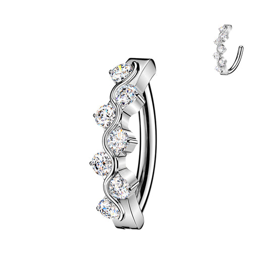 TITANIUM SILVER CRYSTAL WAVE BELLY CLICKER HOOP- 10MM - 14 GAUGE