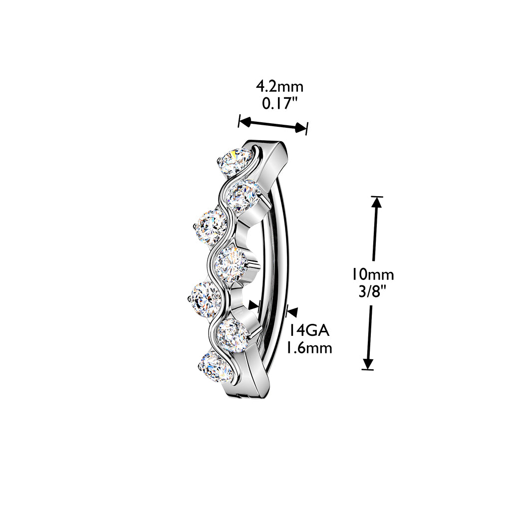 TITANIUM SILVER CRYSTAL WAVE BELLY CLICKER HOOP- 10MM - 14 GAUGE
