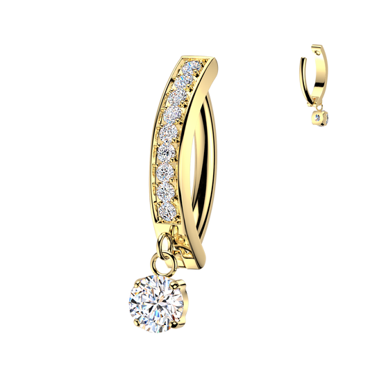 TITANIUM GOLD CRYSTAL CHARM DANGLY BELLY CLICKER HOOP - 14 GAUGE - 10MM