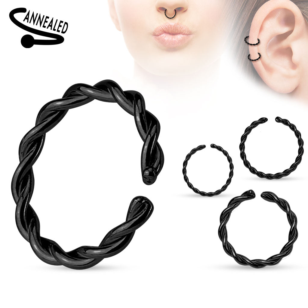 BLACK TWISTED BRAIDED BENDABLE NOSE RING - 8MM - 20 GAUGE
