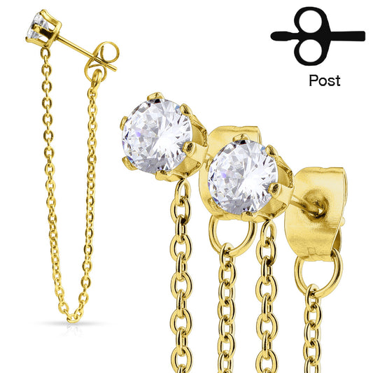 GOLD CUBIC ZIRCONIA CRYSTAL STUD EARRINGS WITH CHAIN CHARM DETAIL