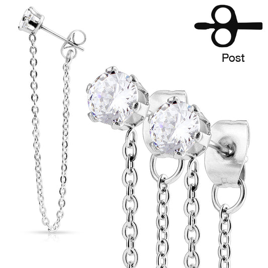 SILVER CUBIC ZIRCONIA CRYSTAL STUD EARRINGS WITH CHAIN CHARM DETAIL