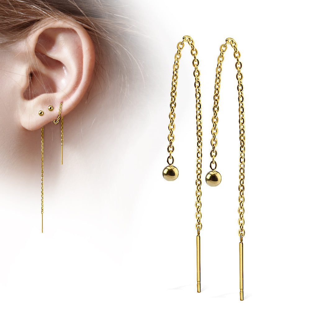 GOLD MINI BALL THREADER FREE FALLING CHAIN PULL THROUGH EARRINGS