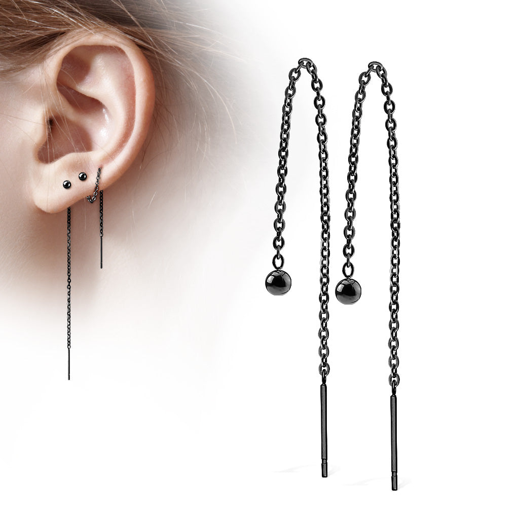 BLACK MINI BALL THREADER FREE FALLING CHAIN PULL THROUGH EARRINGS