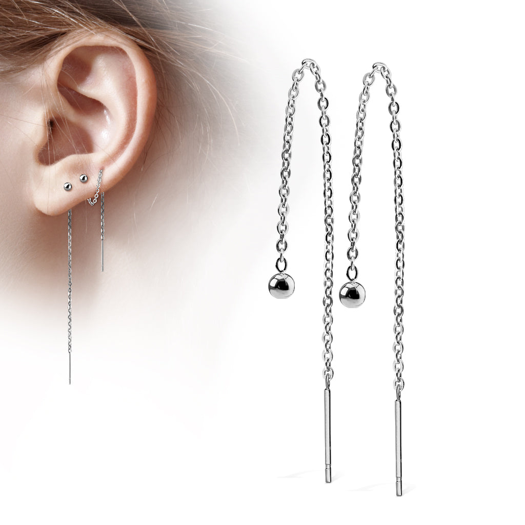 SILVER MINI BALL THREADER FREE FALLING CHAIN PULL THROUGH EARRINGS