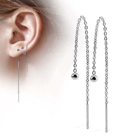 SILVER MINI BALL THREADER FREE FALLING CHAIN PULL THROUGH EARRINGS