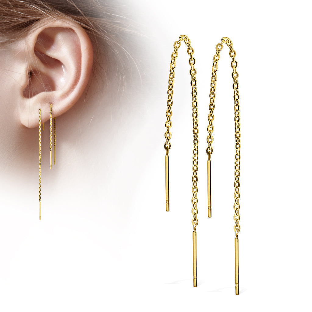 GOLD DAINTY BAR THREADER FREE FALLING CHAIN PULL THROUGH EARRINGS