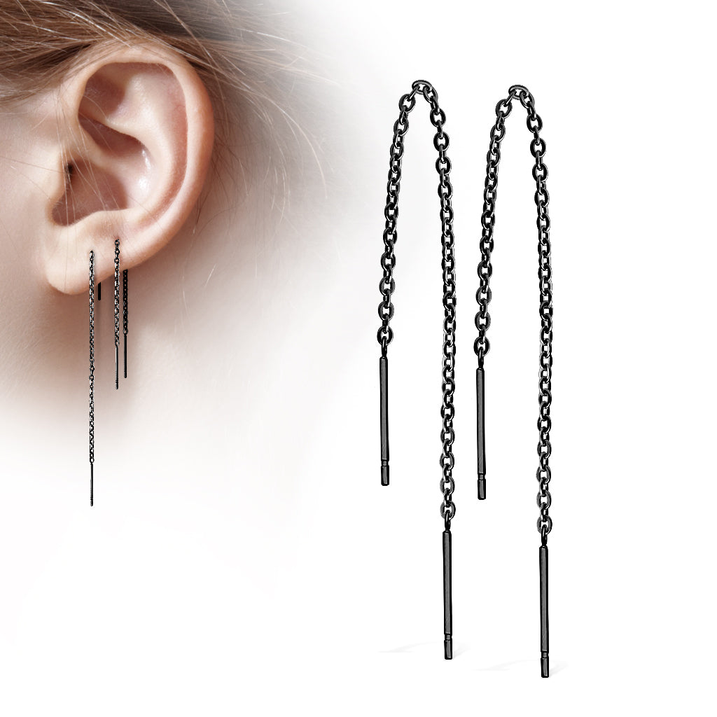 BLACK DAINTY BAR THREADER FREE FALLING CHAIN PULL THROUGH EARRINGS