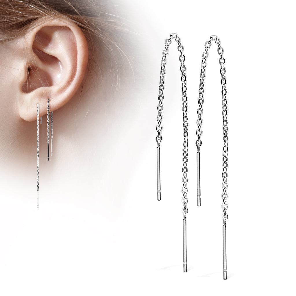 SILVER DAINTY BAR THREADER FREE FALLING CHAIN PULL THROUGH EARRINGS