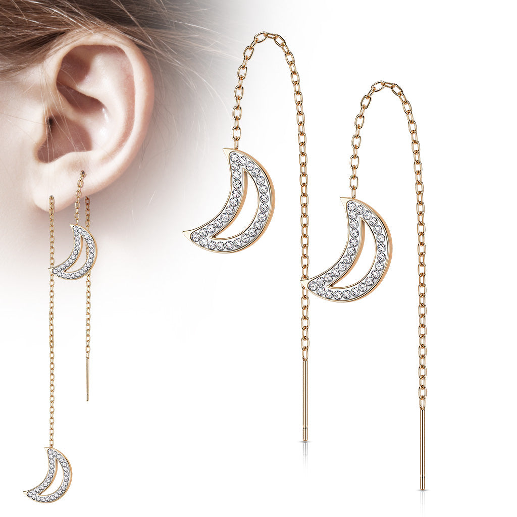 ROSE GOLD CRYSTAL CHARM THREADER DANGLY PULL THROUGH EARRINGS - 20 GAUGE
