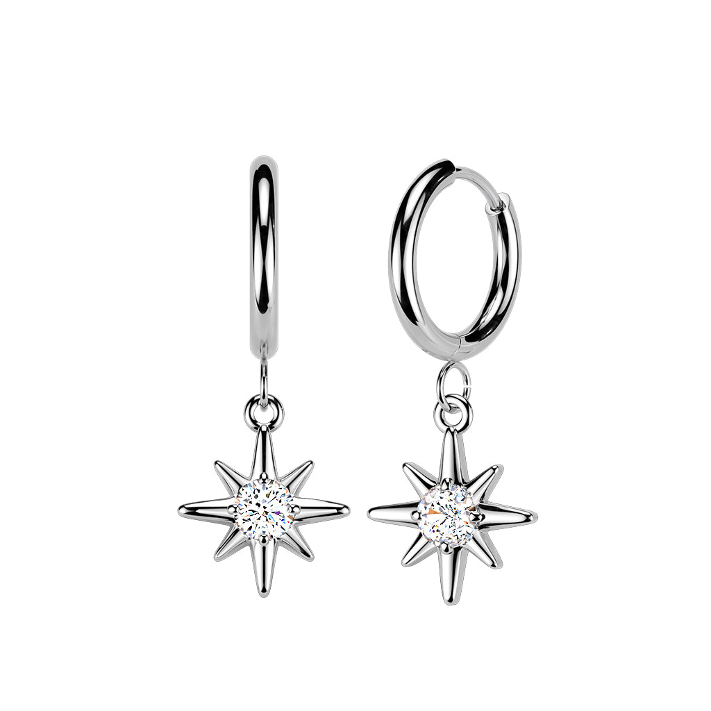 SILVER NORTHERN STAR CRYSTAL CHARM HOOP EARRINGS - 18 GAUGE - 10MM