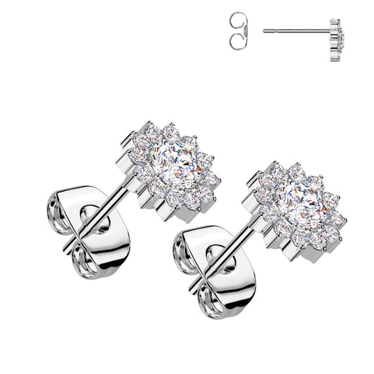 TITANIUM CRYSTAL FLOWER STUD EARRINGS SET - 20 GAUGE