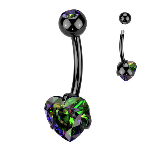 TITANIUM BLACK RAINBOW VITRAIL LOVE HEART BELLY BAR - 14 GAUGE - 10MM