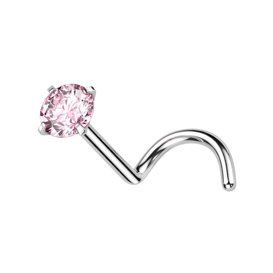 TITANIUM PINK CRYSTAL CORKSCREW NOSE STUD - 20 GAUGE - 6MM