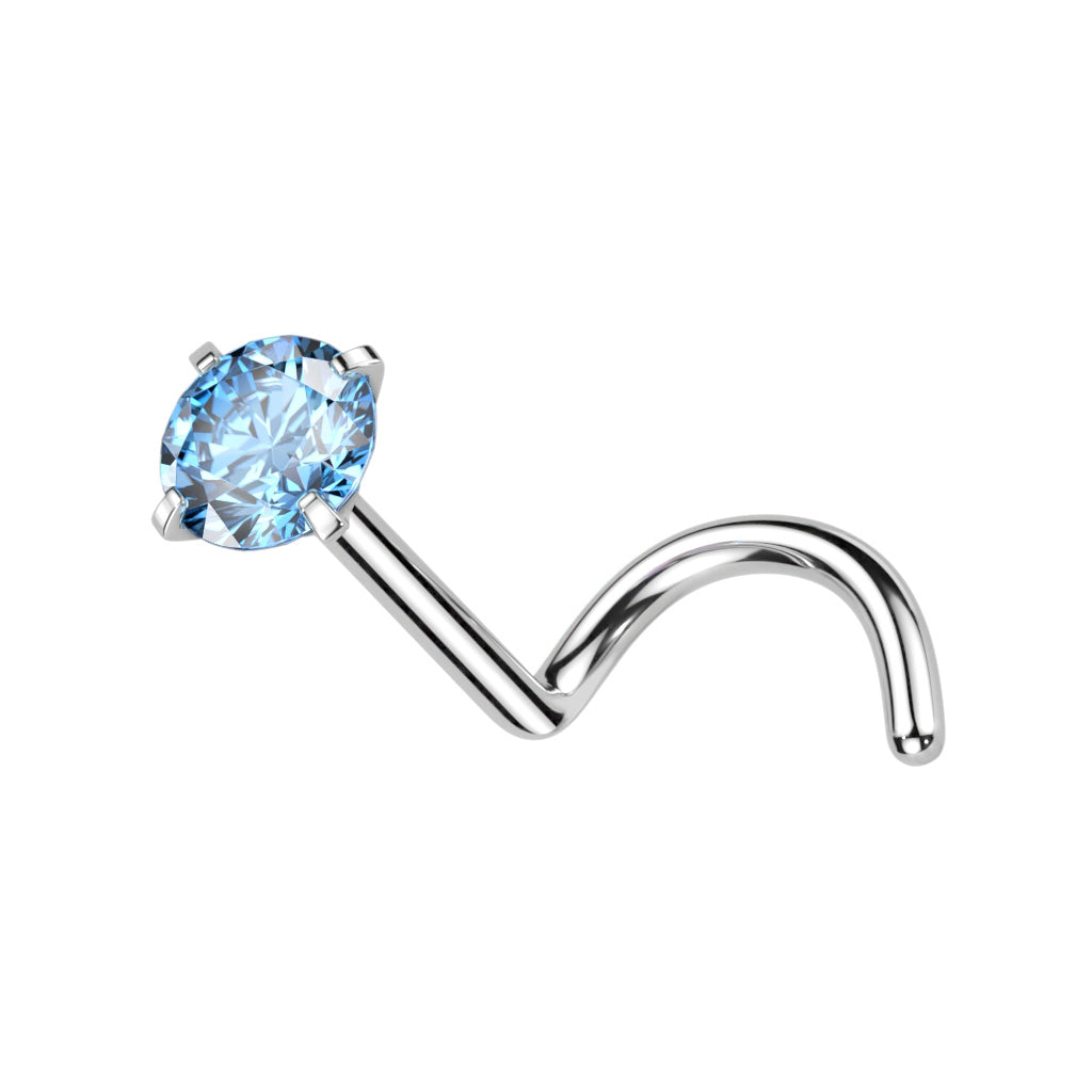 TITANIUM BLUE CRYSTAL CORKSCREW NOSE STUD - 20 GAUGE - 6MM