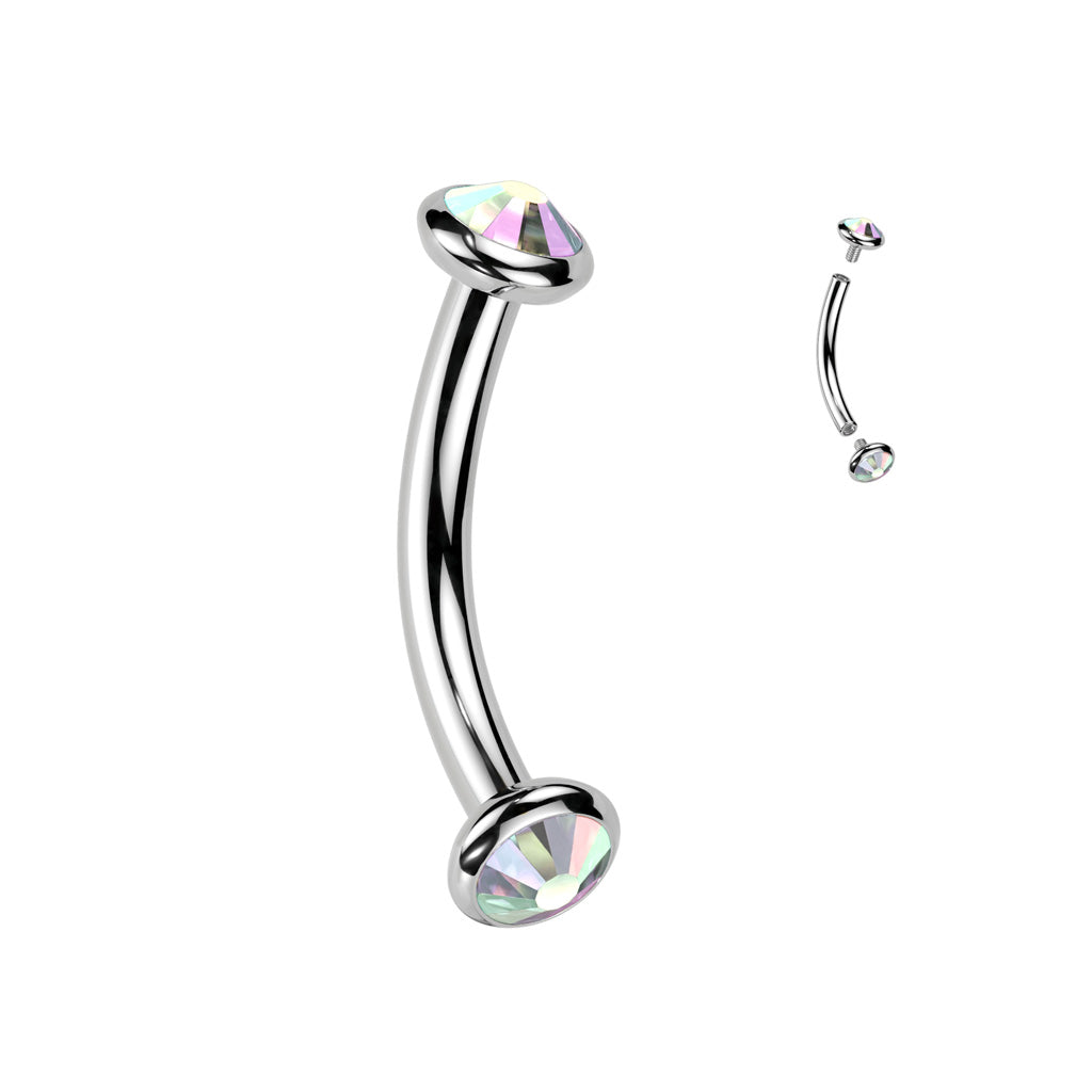 TITANIUM AURORA DOUBLE CRYSTAL CURVED BARBELL - 8MM - 16 GAUGE