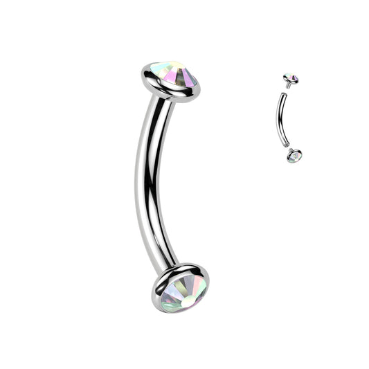 TITANIUM AURORA DOUBLE CRYSTAL CURVED BARBELL - 8MM - 16 GAUGE
