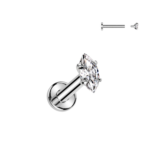 TITANIUM DAINTY CRYSTAL MARQUISE FLAT BACK LABRET STUD - 6MM - 16 GAUGE