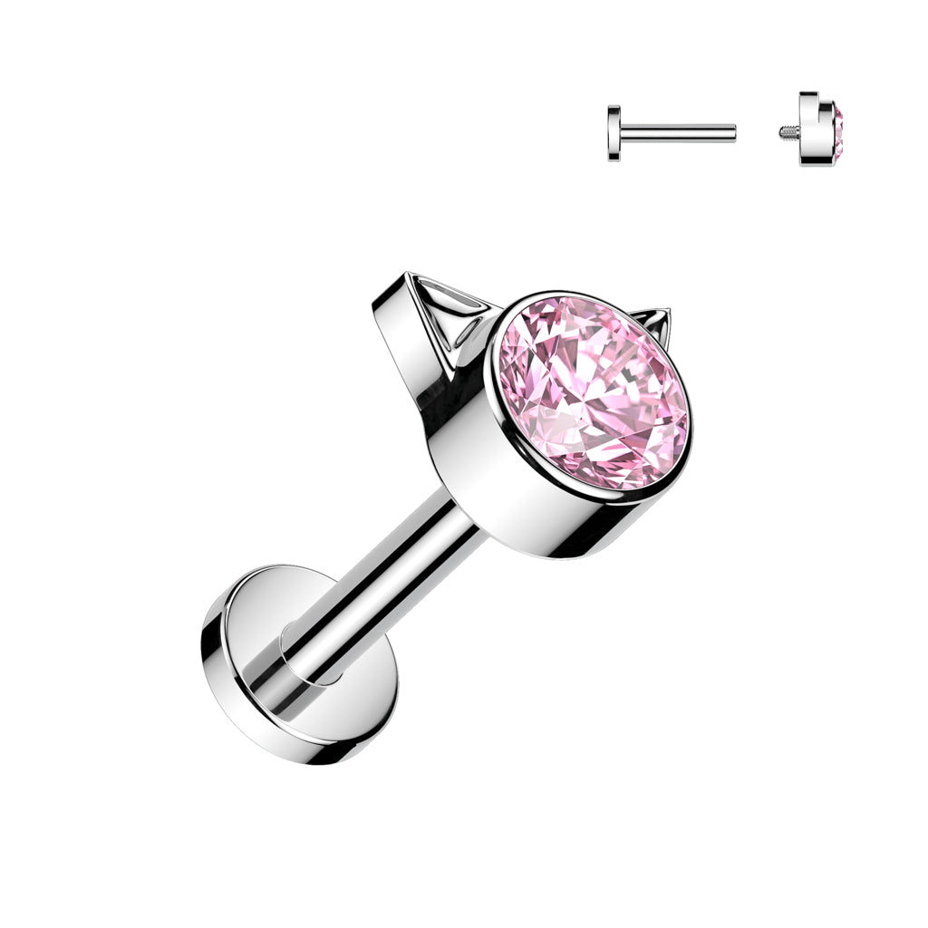 TITANIUM PINK CRYSTAL KITTY CAT FLAT BACK LABRET - 6MM