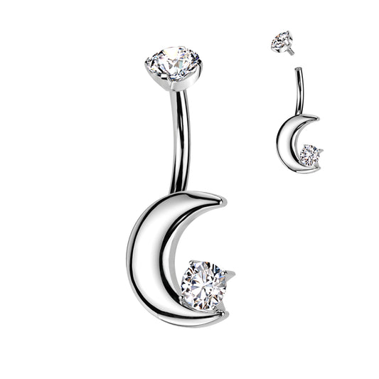 TITANIUM SILVER CRYSTAL MOON BELLY BAR - 10MM - 14 GAUGE