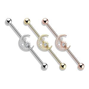 SPARKLE CRYSTAL MOON & STAR INDUSTRIAL BARBELL - 38MM